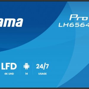 IIYAMA Monitor 65 cali LH6564UHS-B1AG, 24/7,VA,ANDROID14,4K,500cd,5000:1,    2xHDMI ,USB-C,RJ45, RS-232c, IR, 2x10W, 2xUSB, UCHWYT ŚCIENNY,iiSignage2,