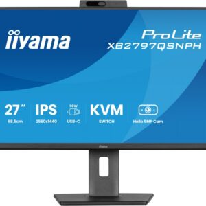 IIYAMA Monitor 27 cali Prolite XB2797QSNPH-B1,IPS,QHD,CAM,MIC,HDMI, DP, 4xUSB,75Hz, USB-C DOCK  96W, RJ45,KVM, 2x2W, 5MP WINDOWS HELLO, HAS 150,  350C